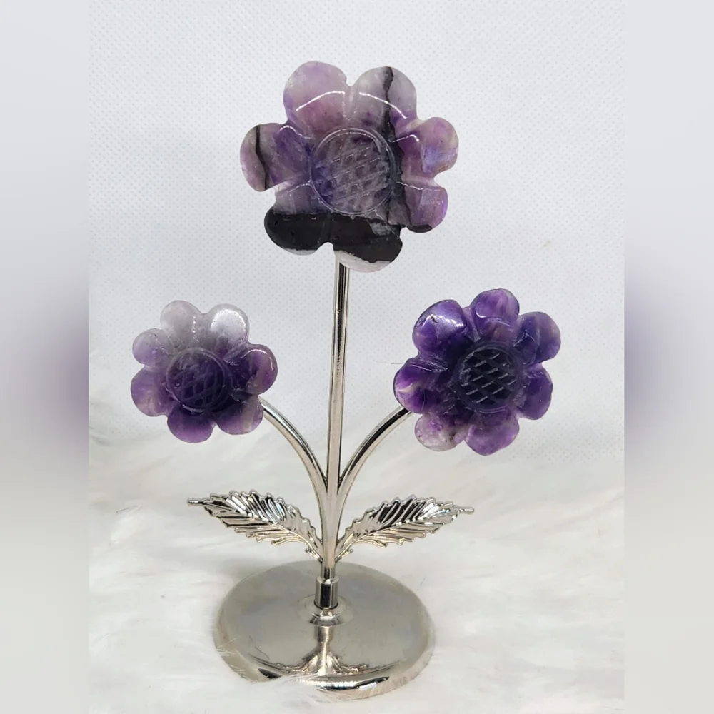 Amethyst Flowers On Metal Stand. Crystal Floral Decor.